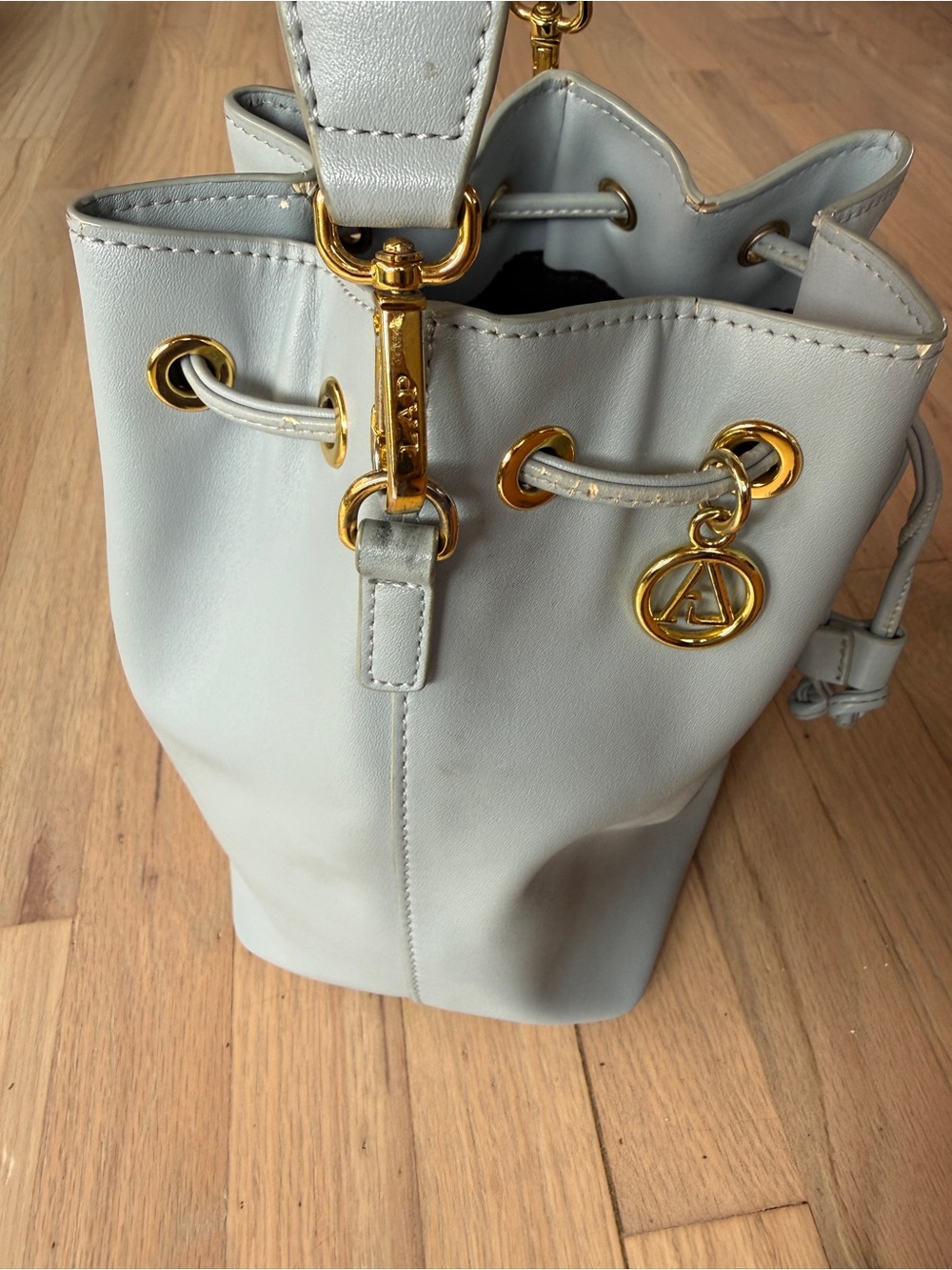 Los Angeles Project purse Drawstring baby blue tote Bag with Goldtone hardware